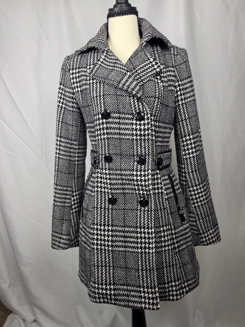 BCX Black & White Houndstooth Double Breasted Pea Coat Size S